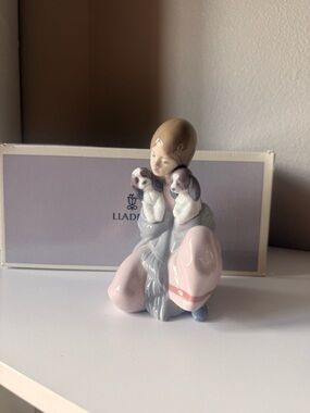 Lladro Porcelain Girl Figurine with Puppies in Pink and Gray